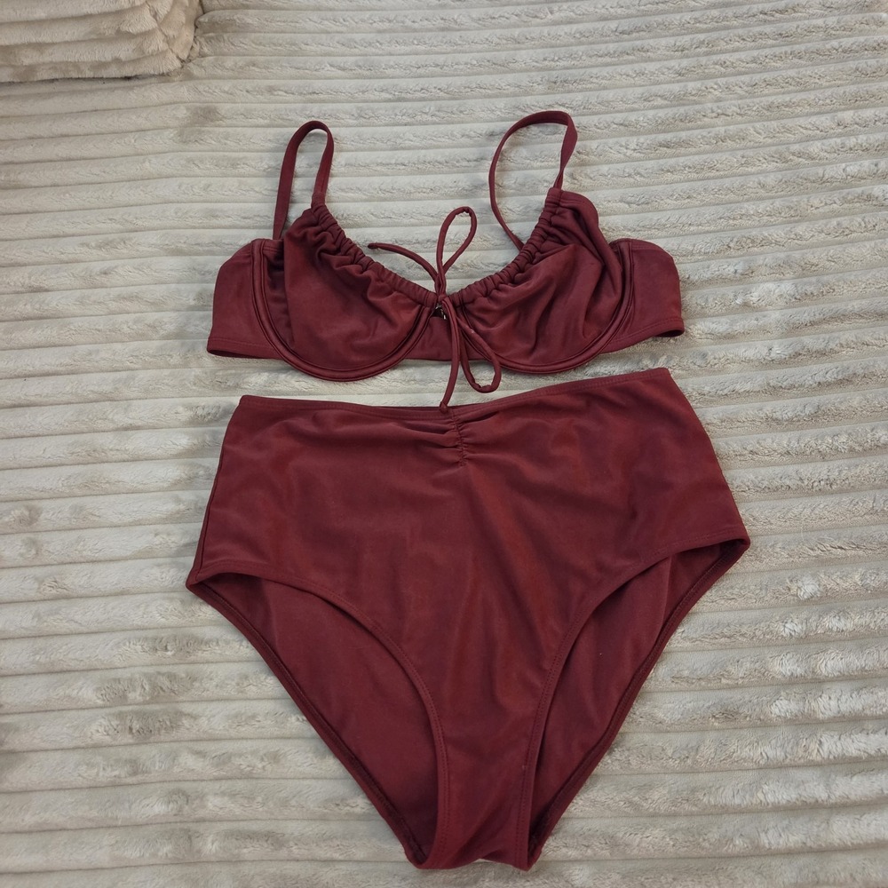 Shade & Shore Burgundy Bikini 2 pc Set Top 38C Bottom M High Waisted Underwire